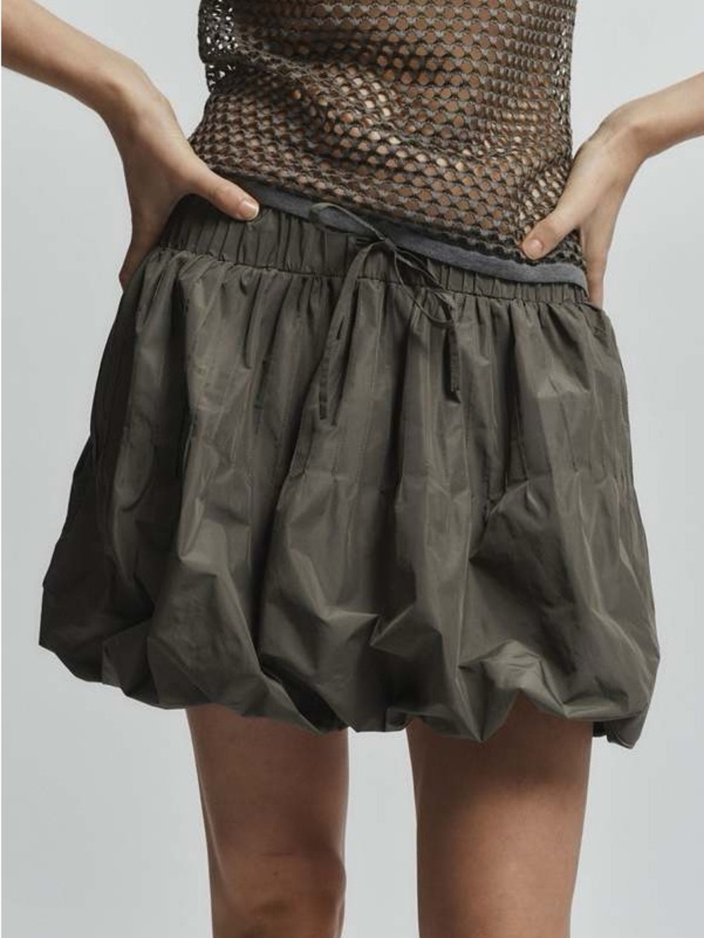 Olive Drawstring Bubble Mini Skirt - Women's Mini